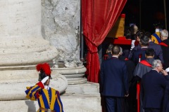 Pope Francis' body is carried in a coffin into Saint Peter's Basilica